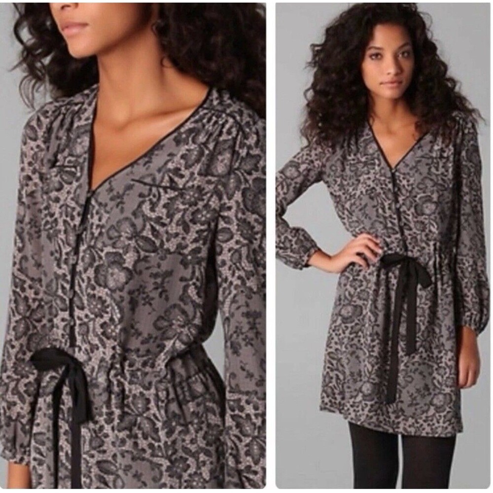 Rebecca Taylor Womens Blk Grey Silk Floral Mini Dress Size 4 Long Sleeve V-Neck